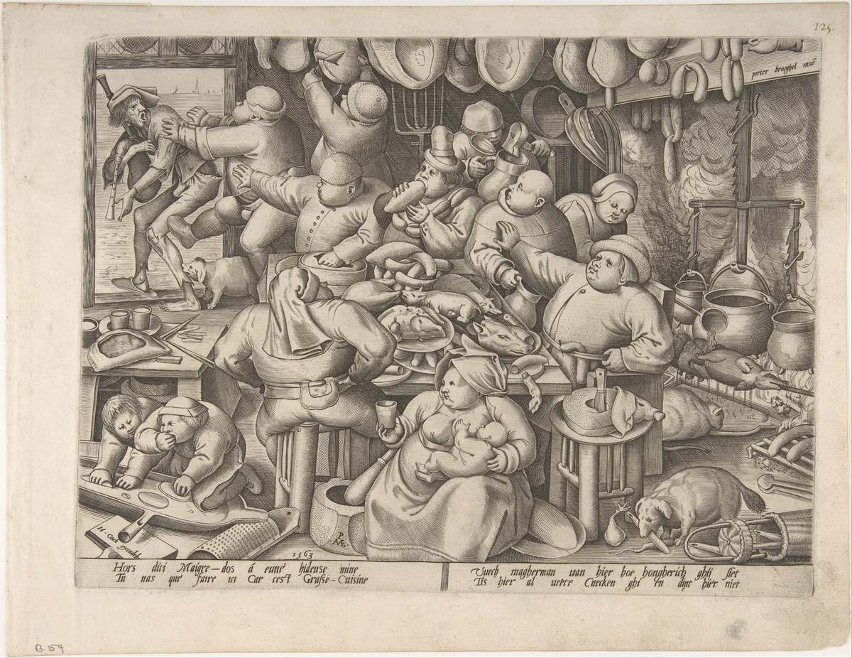 The Fat Kitchen by Pieter Bruegel, print, 1563