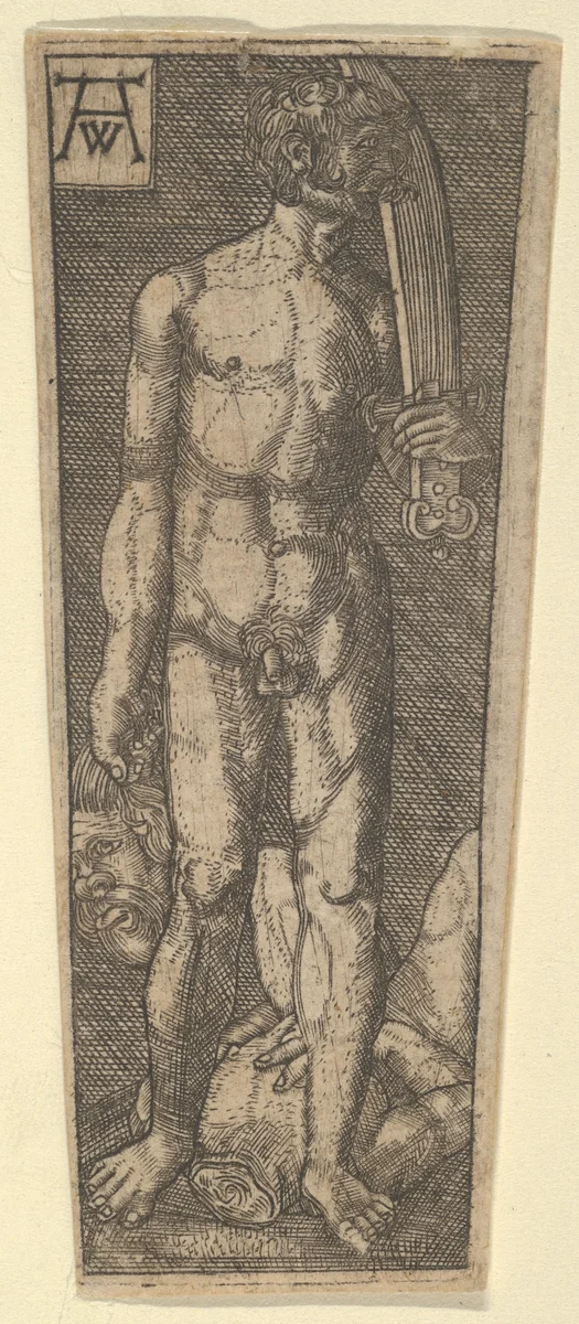 Reverse Copy of the Top of Dagger Sheath with David Holding the Head of Goliath by Heinrich Aldegrever, print, 1529-1600