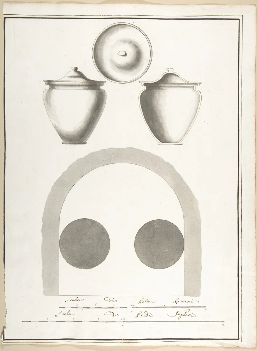 Plan of Niche in a Columbarium with a Section, Elevation and Top View of a Funerary Urn by Pietro Paolo Coccetti, drawing, 1710-1927