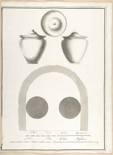 Plan of Niche in a Columbarium with a Section, Elevation and Top View of a Funerary Urn by Pietro Paolo Coccetti, drawing, 1710-1927