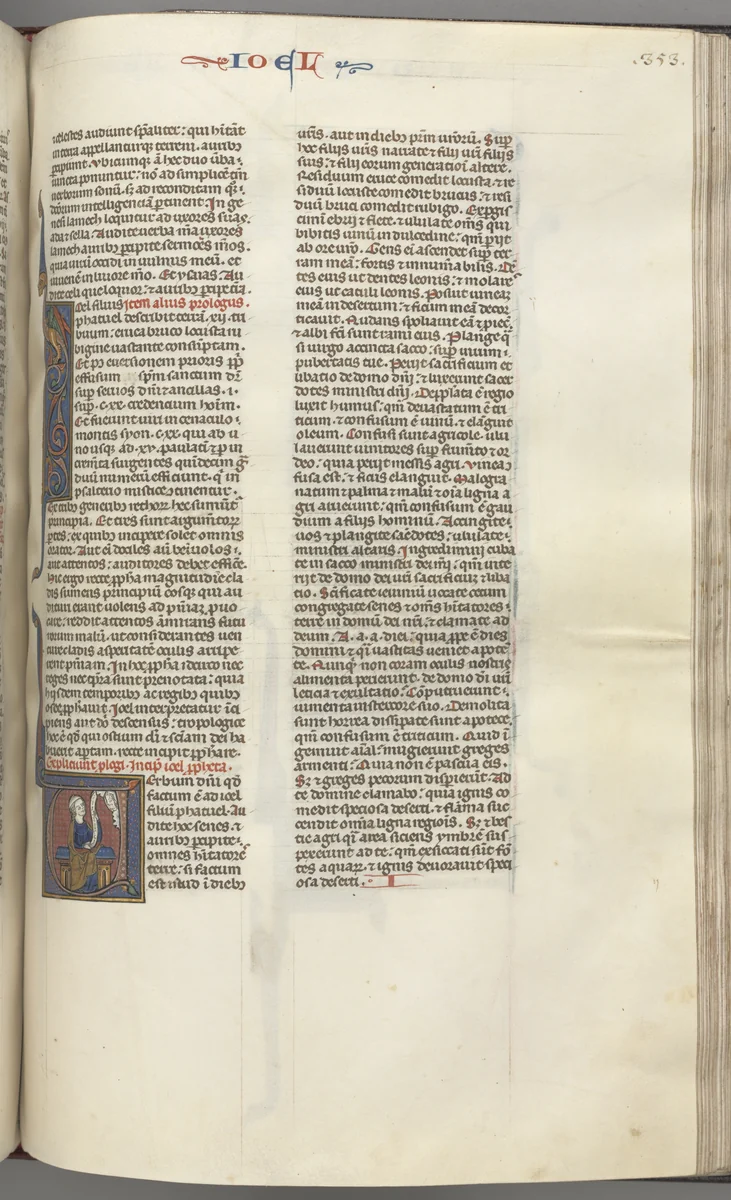 Fol. 353r, Joel, historiated initial V, Joel seated with a scroll, bust of God above by Unknown, book, 1270-1300