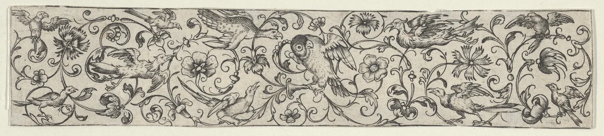 Frieze with Birds Perched on Scrolling Tendrils by Hieronymus Bang, print, 1568-1633