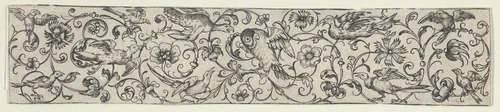 Frieze with Birds Perched on Scrolling Tendrils by Hieronymus Bang, print, 1568-1633