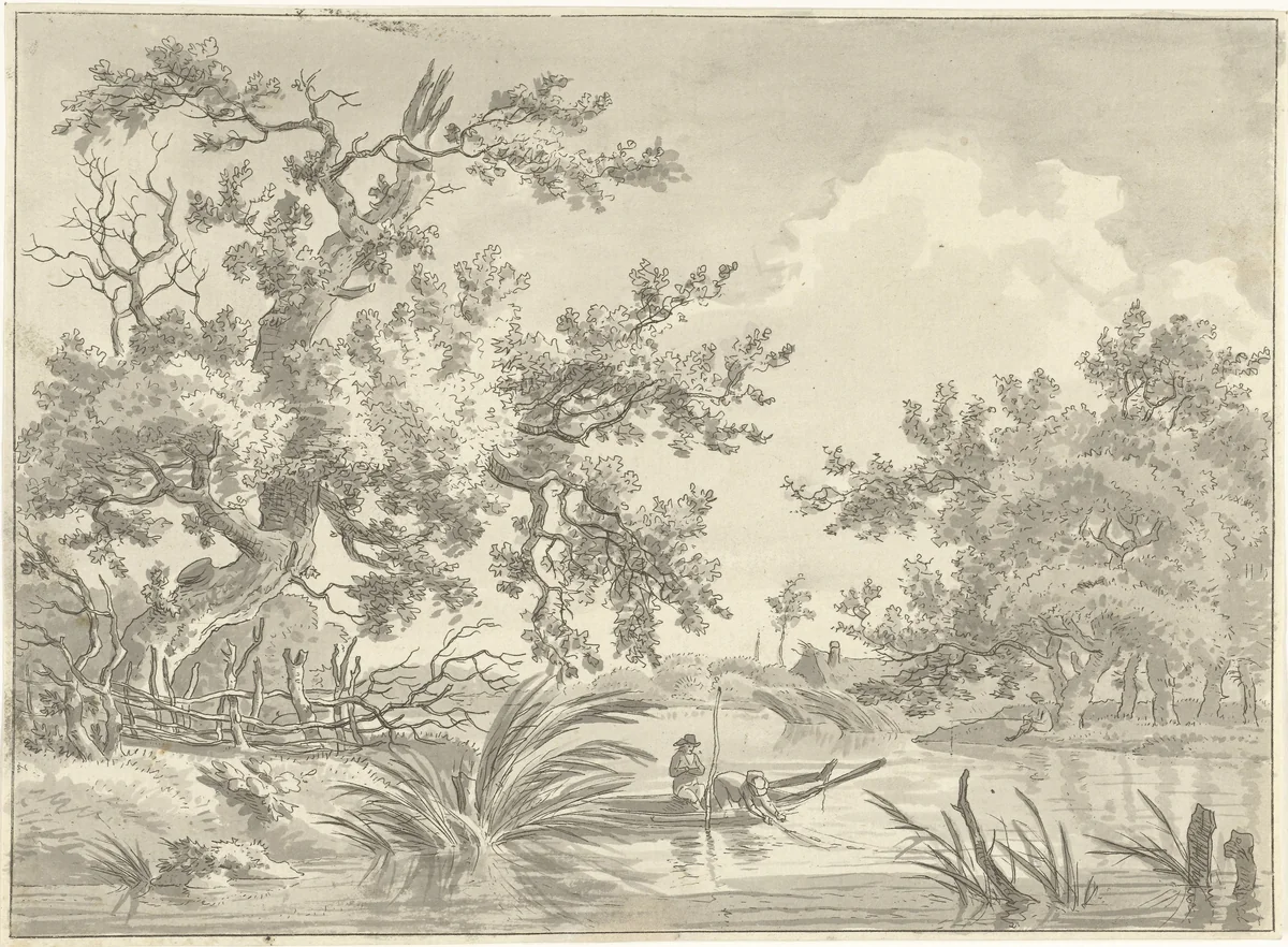 Landschap met twee vissers by Hermanus Fock, print, 1781-1822