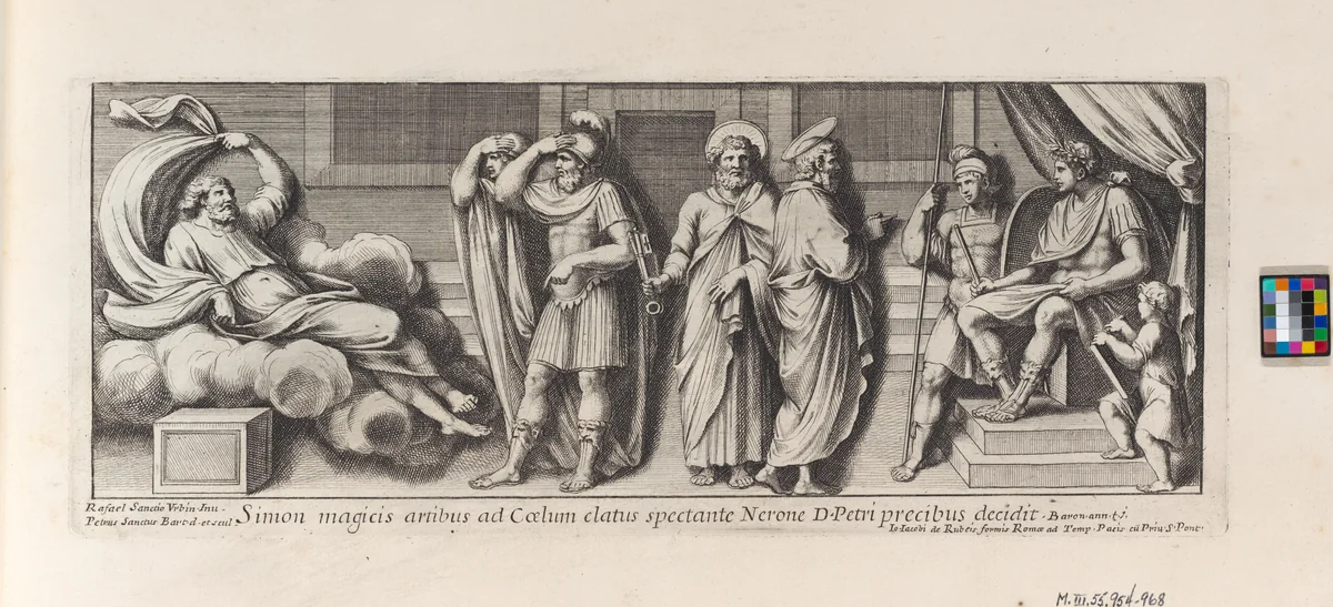 Saint Paul standing before the Proconsul, from a series of 15 plates, depicting Raphael's works for the Vatican stanze and the Sistine Chapel tapestries by Pietro Santi Bartoli, print, 1650-1670