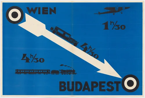 Vienna to Budapest (Poster for the Budapest Municipal Tourist Information Bureau in Vienna) by Aladár Richter, design, 1931