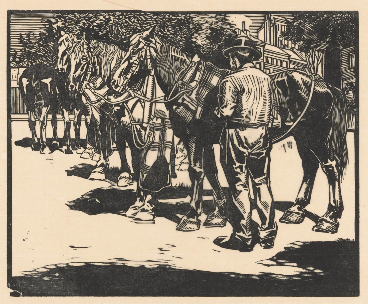 Omnibus-paarden op een plein by Johannes Josephus Aarts, print, 1901