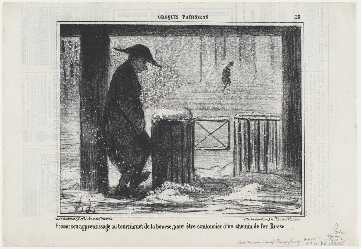 Faisant son apprentissage au tourniquet de la bourse..., from Croquis Parisiens, published in Le Charivari, February 6, 1857 by Honoré Daumier, print, 1857