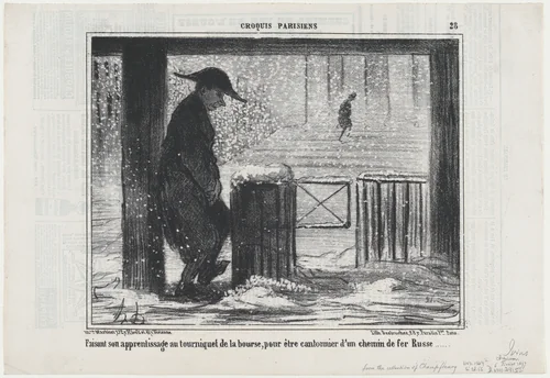 Faisant son apprentissage au tourniquet de la bourse..., from Croquis Parisiens, published in Le Charivari, February 6, 1857 by Honoré Daumier, print, 1857