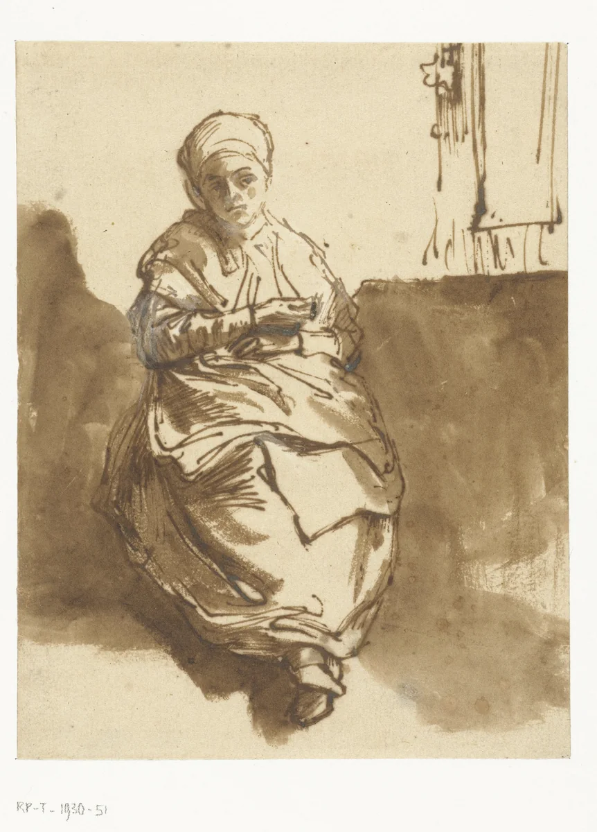 Jonge vrouw zittend bij een raam (Saskia?) by Rembrandt van Rijn, drawing, 1638