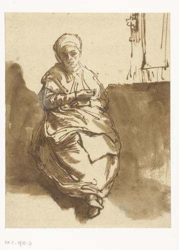 Jonge vrouw zittend bij een raam (Saskia?) by Rembrandt van Rijn, drawing, 1638