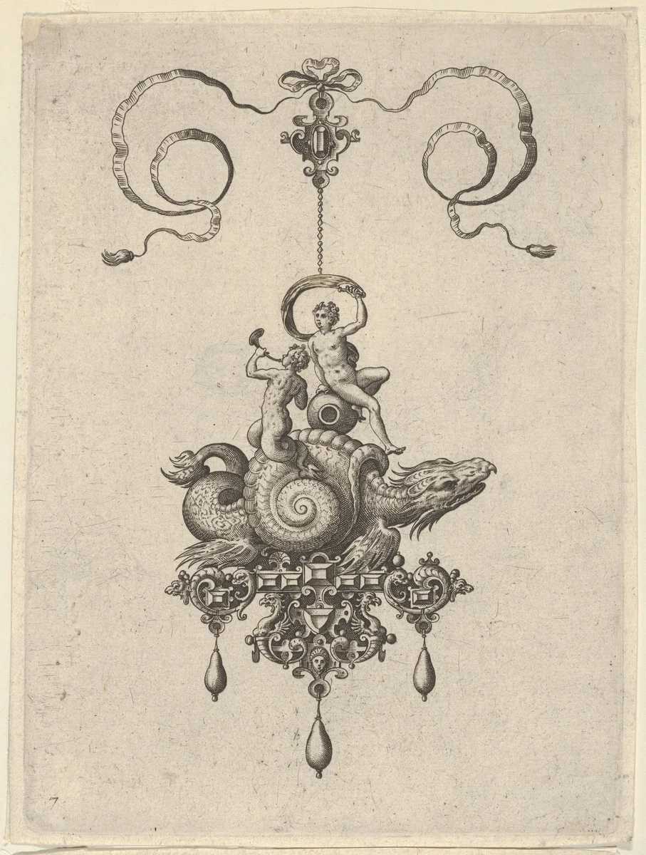 Pendant Design with a Sea Monster in a Shell Carrying a Triton and a Woman with a Sail by Adriaen Collaert, print, 1582