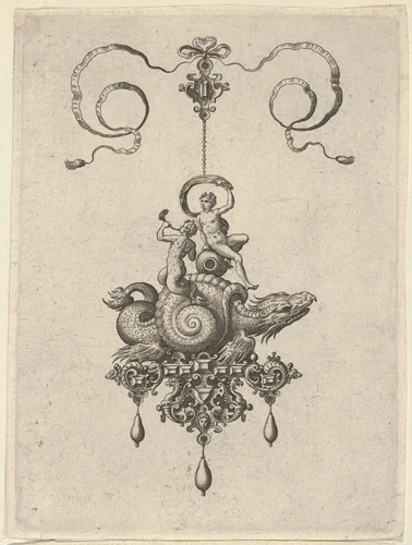 Pendant Design with a Sea Monster in a Shell Carrying a Triton and a Woman with a Sail by Adriaen Collaert, print, 1582