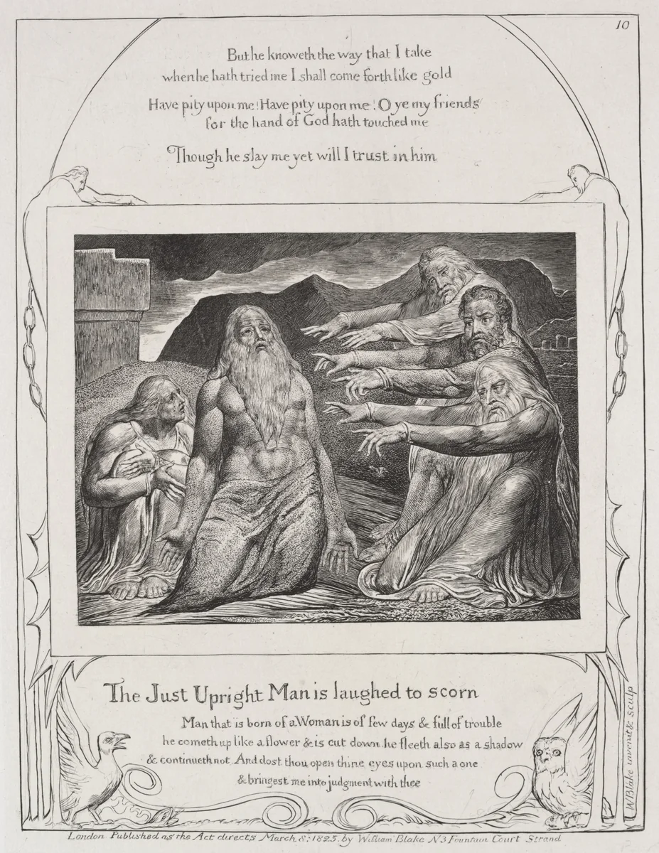 The Book of Job: Pl. 10, The just upright man is laughted to scorn by William Blake, print, 1825