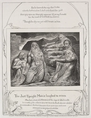 The Book of Job: Pl. 10, The just upright man is laughted to scorn by William Blake, print, 1825