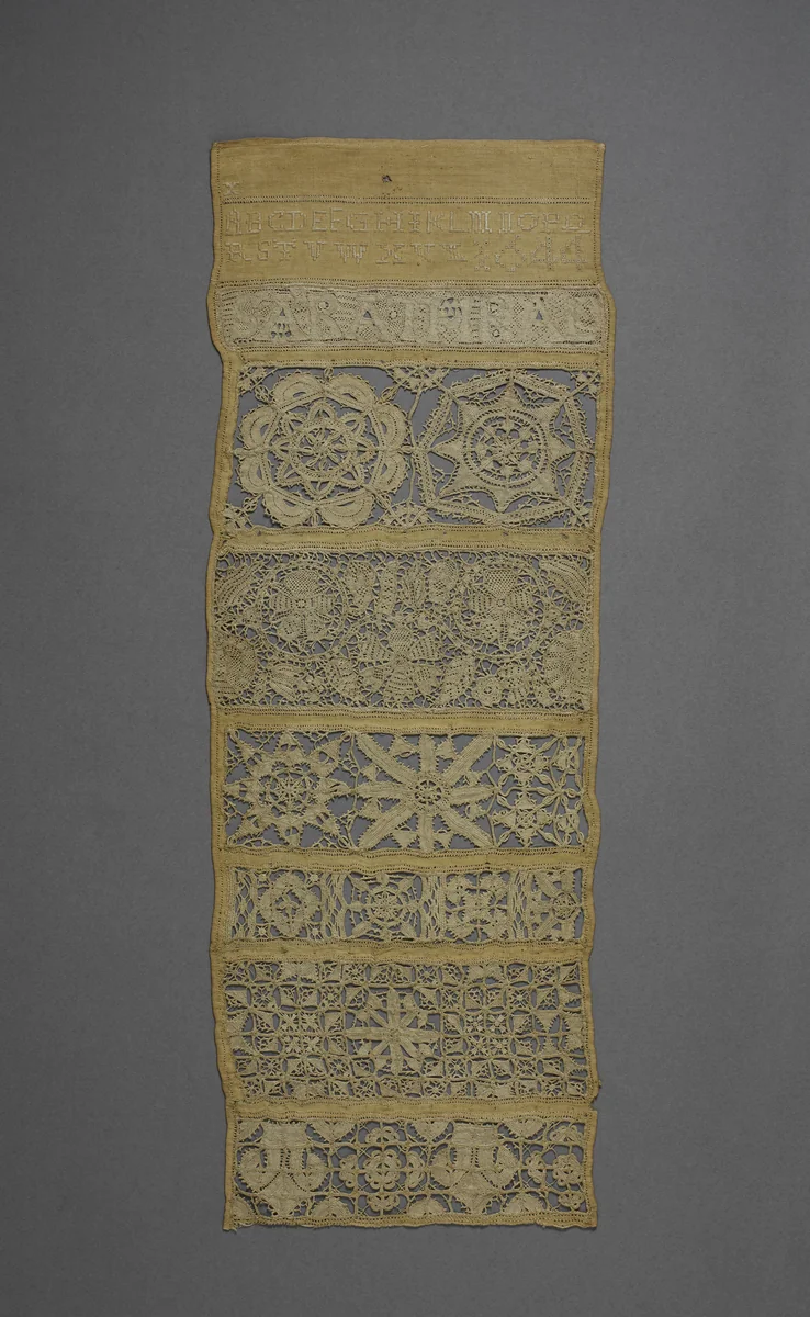 Sampler with needle lace and cutwork by Sarah Thral, textile, 1644