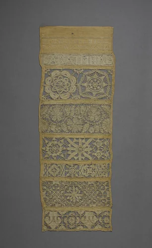 Sampler with needle lace and cutwork by Sarah Thral, textile, 1644