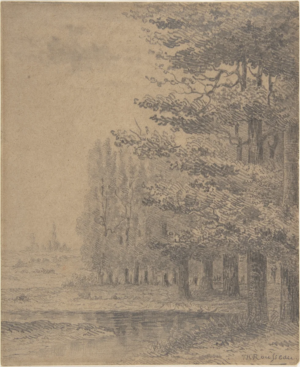 Landscape (A Grove of Trees Standing Near a River) by Théodore Rousseau, drawing, 1828-1867