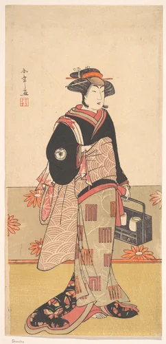 The Actor Iwai Hanshiro IV as a Woman in a Black Kimono by Katsukawa Shunshô (勝川春章), print, 1770-1790