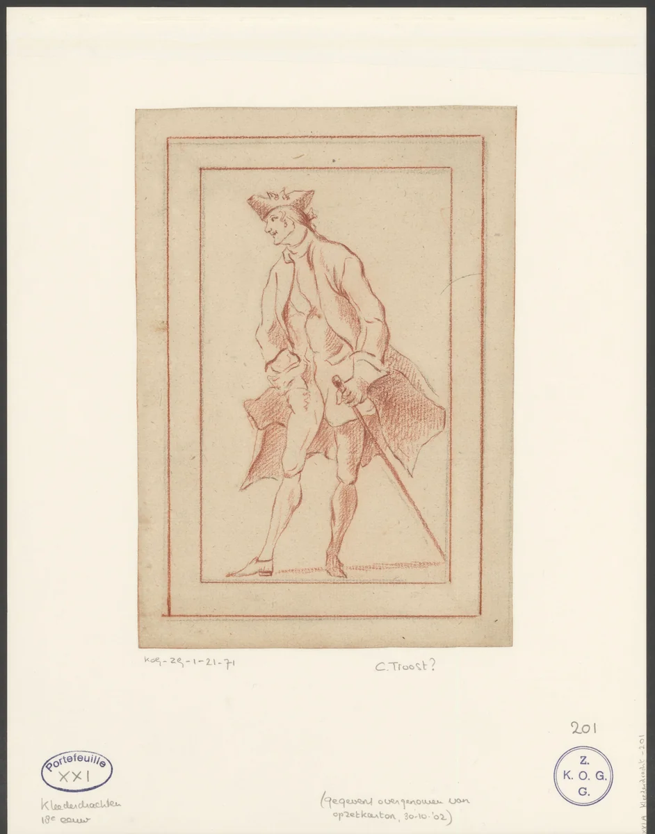 Staande heer met steek by anonymous, drawing, 1712-1750