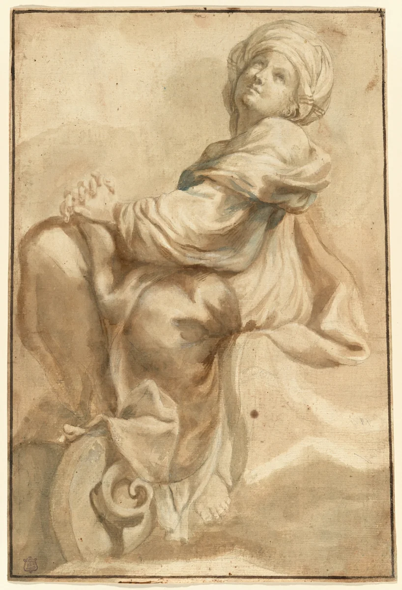 Seated Sibyl by Bartolomeo Guidobono, drawing, 1685-1695