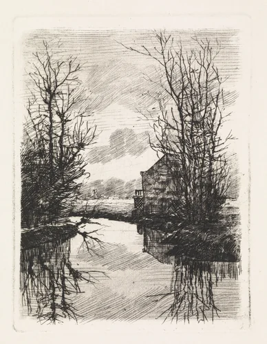 Huis en bomen langs het water by Elias Stark, print, 1859-1890