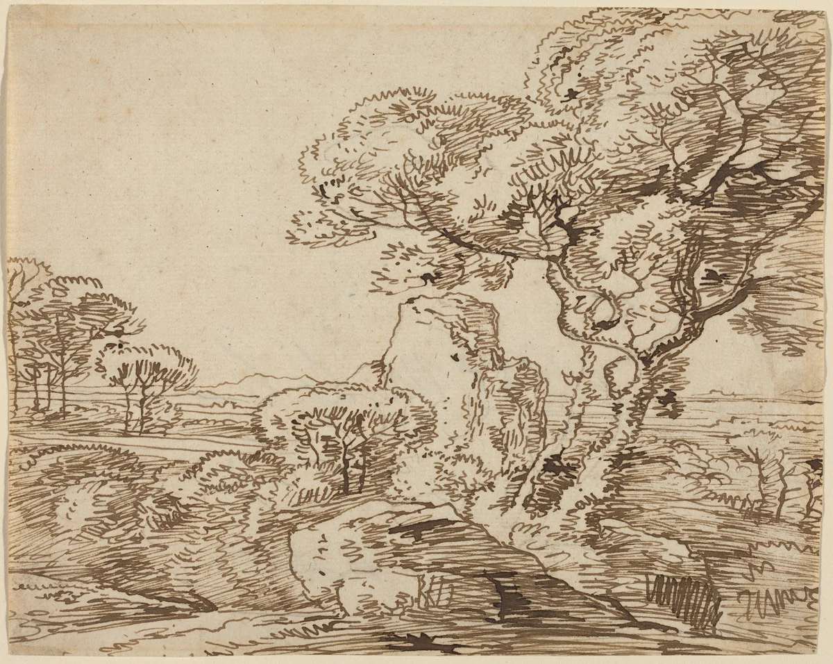Landscape with Trees and Craggy Rocks by Franz Kobell, drawing, 1749-1822