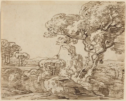 Landscape with Trees and Craggy Rocks by Franz Kobell, drawing, 1749-1822