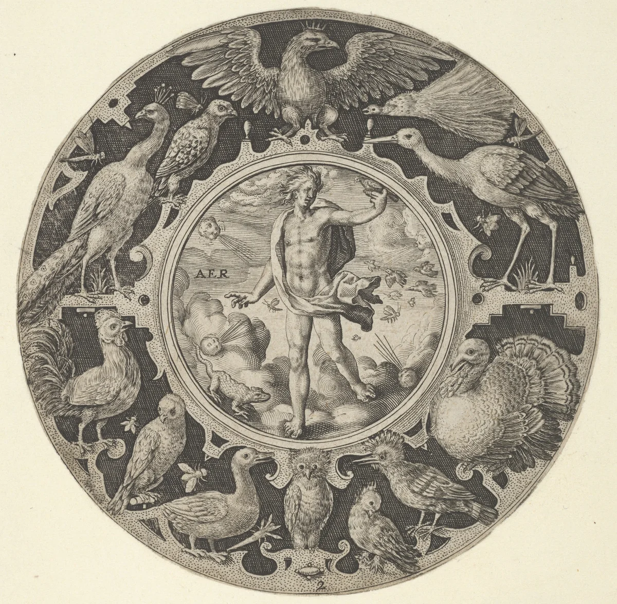 'Aer' in a Decorative Border with Birds, from a Series of Circular Designs with the Four Elements by Crispijn de Passe, print, 1590-1612