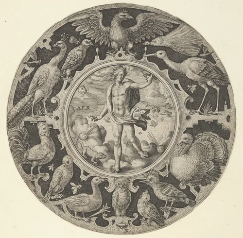 'Aer' in a Decorative Border with Birds, from a Series of Circular Designs with the Four Elements by Crispijn de Passe, print, 1590-1612