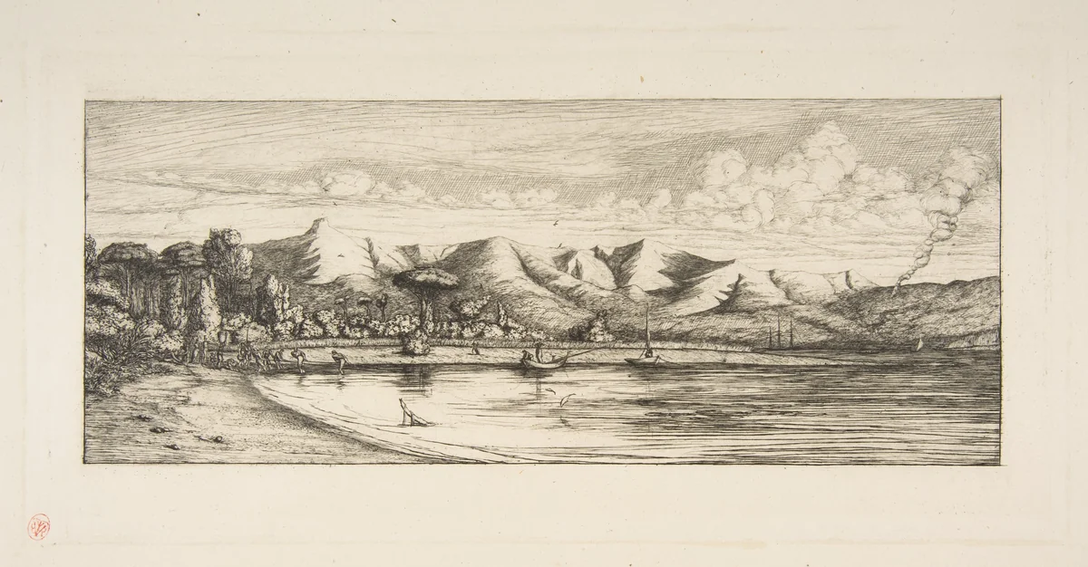 Presqu'île de Banks, Pointe des Charbonniers, Akaroa (Seine fishing off Colliers' Point, Akaroa, Banks Peninsula, 1845), from "The Voyage to New Zealand (1842–46)" by Charles Meryon, print, 1863-1870
