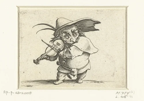 Kleine mens (karikatuur) met viool en zwaard by Jacques Callot, print, 1621-1625