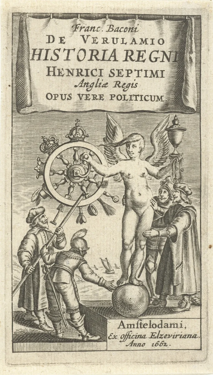 Naakte Fortuna op wereldbol draait het rad van fortuin rond, Hendrik VII steekt een stok in het rad by anonymous, print, 1662