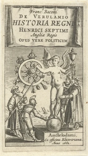 Naakte Fortuna op wereldbol draait het rad van fortuin rond, Hendrik VII steekt een stok in het rad by anonymous, print, 1662