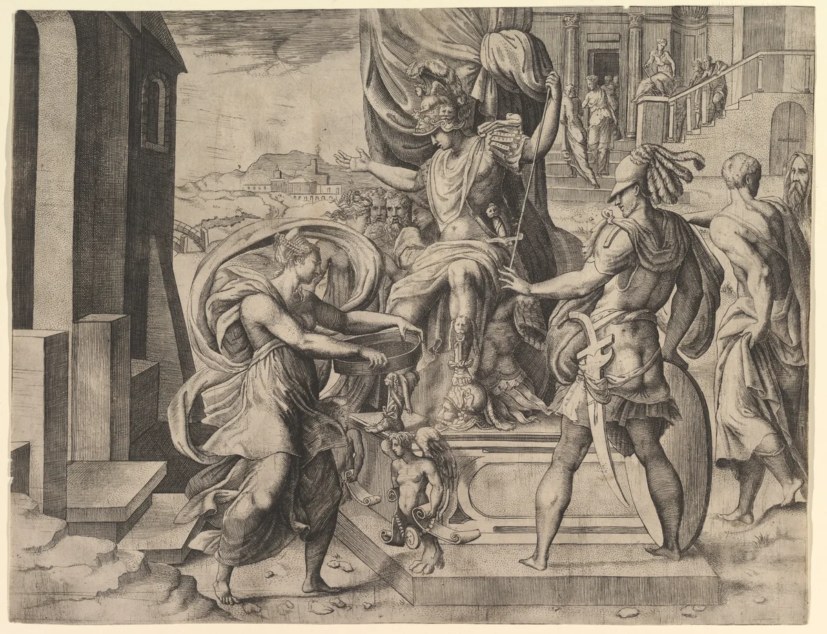 Rome emperor on a throne, vestal virgin Tuccia holding a sieve approaching from the left by Giulio Bonasone, print, 1531-1576