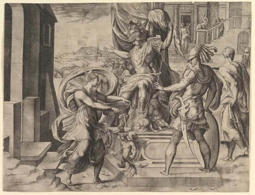 Rome emperor on a throne, vestal virgin Tuccia holding a sieve approaching from the left by Giulio Bonasone, print, 1531-1576