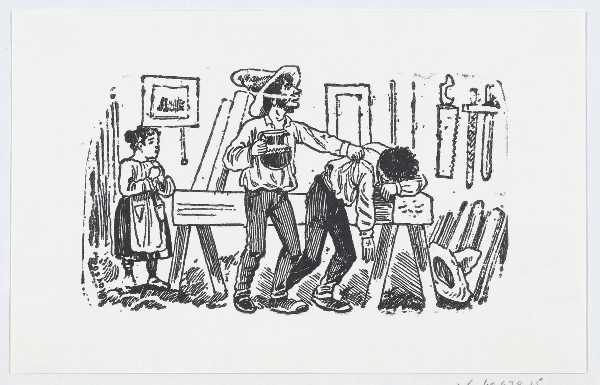 A man with a pitcher in his hand tapping the shoulder of another man resting on wooden beam by José Guadalupe Posada, print, 1875-1885