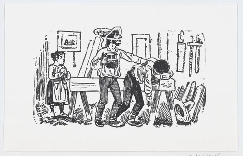 A man with a pitcher in his hand tapping the shoulder of another man resting on wooden beam by José Guadalupe Posada, print, 1875-1885