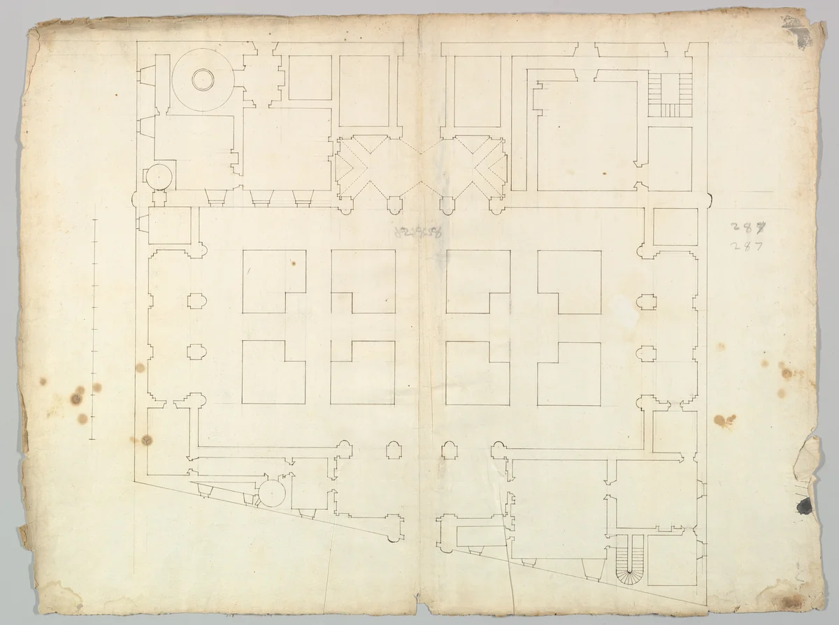 Palazzo Farnese, plan, garden extension (recto) blank (verso) by anonymous, drawing, 1500-1560