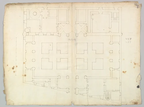 Palazzo Farnese, plan, garden extension (recto) blank (verso) by anonymous, drawing, 1500-1560