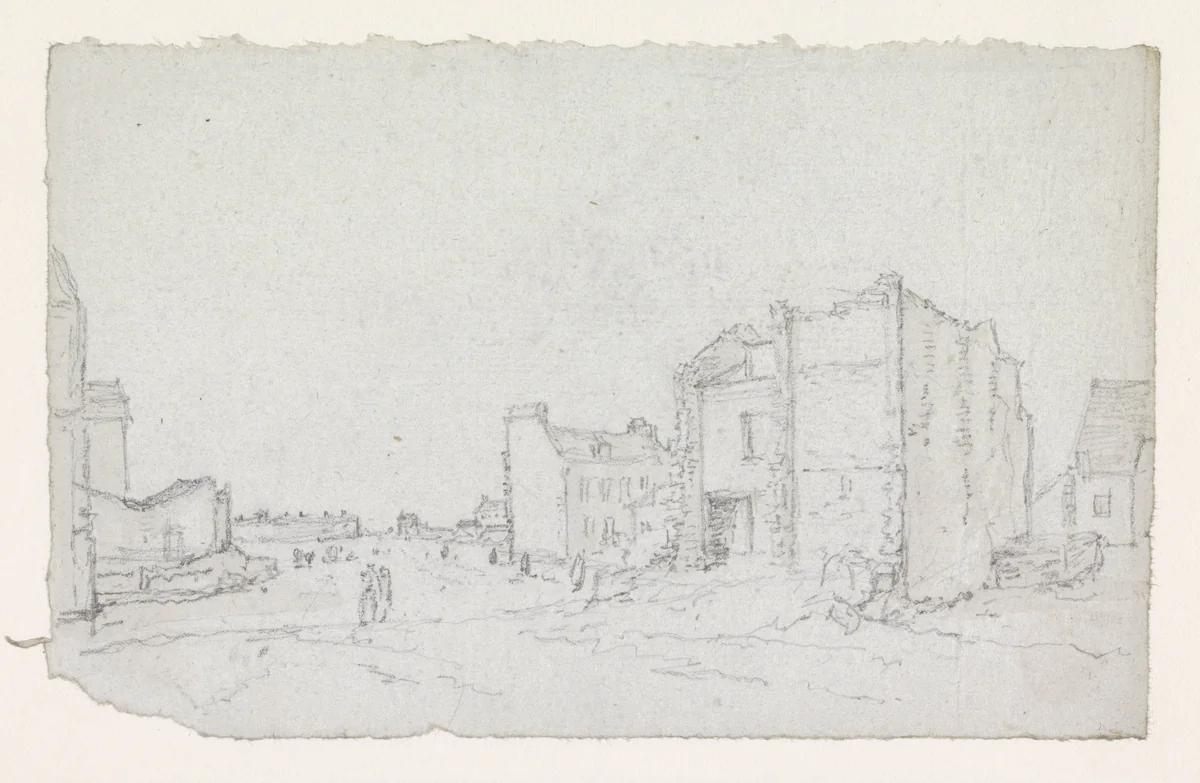 Half afgebroken huizen aan de rand van de stad by Georges Michel, drawing, 1773-1843