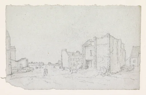 Half afgebroken huizen aan de rand van de stad by Georges Michel, drawing, 1773-1843