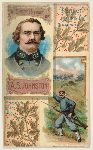 A Short History of General A. S. Johnston, from the Histories of Generals series (N114) issued by W. Duke, Sons & Co. to promote Honest Long Cut Smoking and Chewing Tobacco by W. Duke, Sons & Co., print, 1888