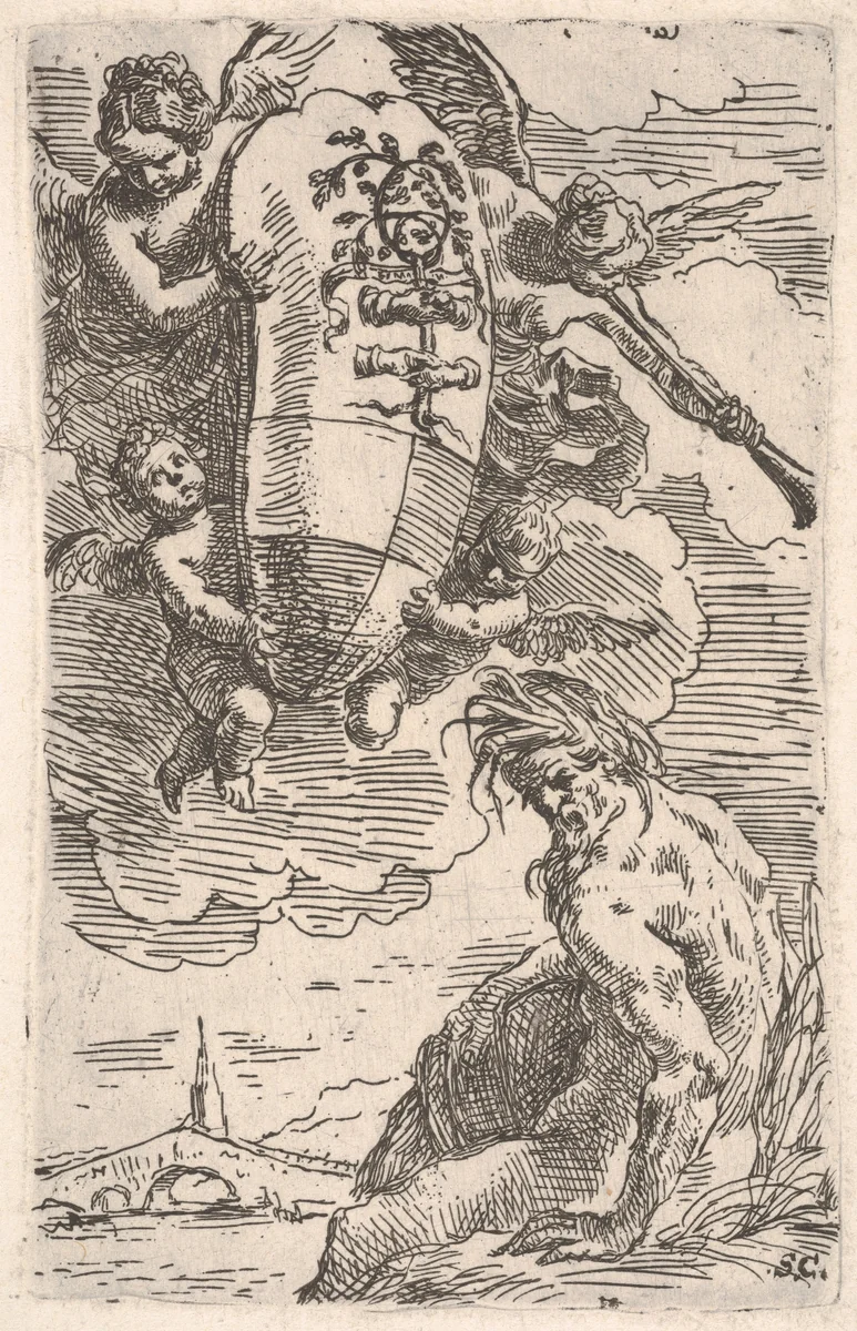 Allegory of the Foglia River and the city of Pesaro's coat of arms, frontispiece for "Il Pesarese" by Simone Cantarini, print, 1639