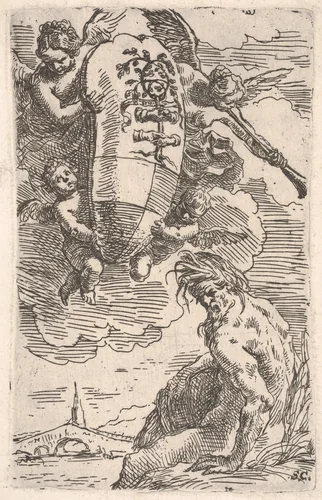 Allegory of the Foglia River and the city of Pesaro's coat of arms, frontispiece for "Il Pesarese" by Simone Cantarini, print, 1639