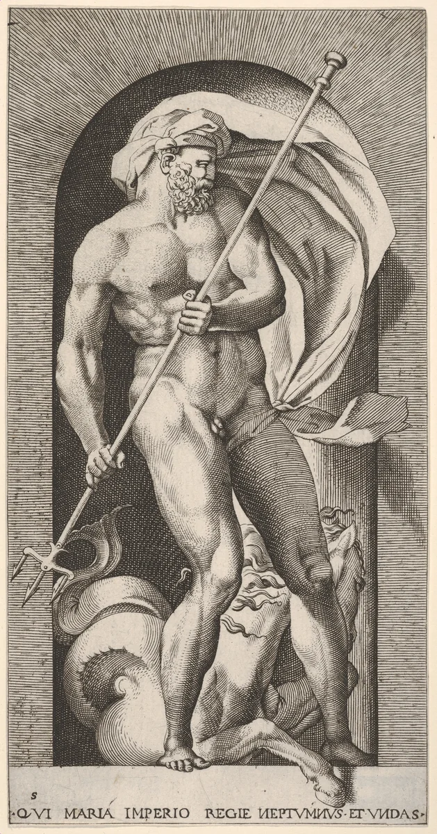 Plate 5: Neptune standing in a niche holding a trident, with a hippocampus (sea-horse) behind him, from a series of gods and goddesses by Giovanni Jacopo Caraglio, print, 1526