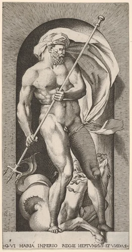 Plate 5: Neptune standing in a niche holding a trident, with a hippocampus (sea-horse) behind him, from a series of gods and goddesses by Giovanni Jacopo Caraglio, print, 1526