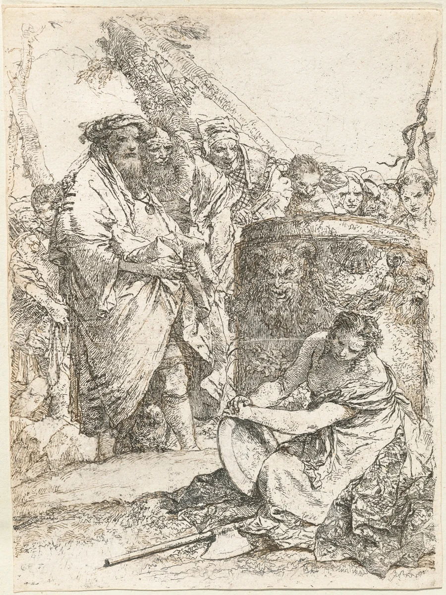 Magician and Other Figures before a Burning Altar with Skull and Bones by Giovanni Battista Tiepolo, print, 1696-1770
