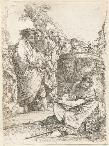 Magician and Other Figures before a Burning Altar with Skull and Bones by Giovanni Battista Tiepolo, print, 1696-1770
