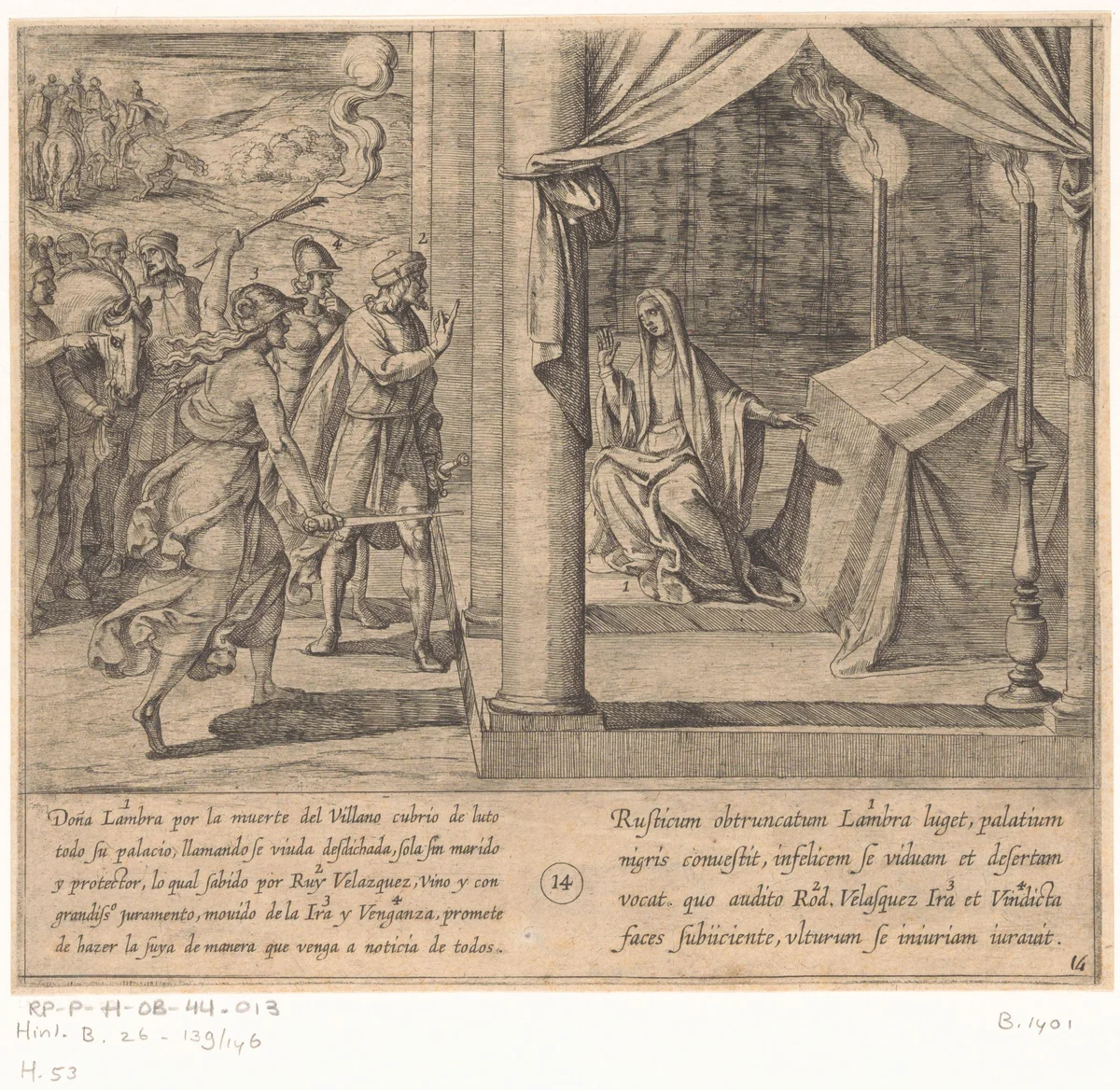 Ruy Velazquez belooft doña Lambra dat hij de dood van de dorpeling zal wreken by Antonio Tempesta, print, 1612